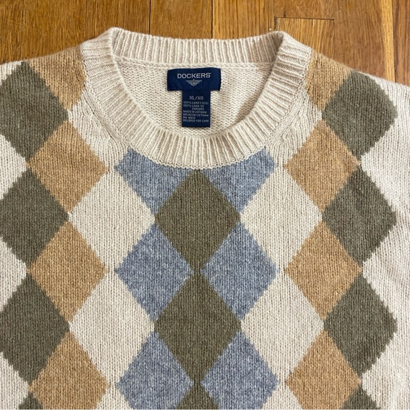 Dockers Wool Sweater Men's Size XL* Tan Multicolor Argyle Casual Crew Neck - Picture 4 of 12